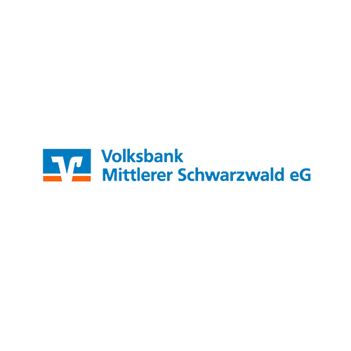 Das Logo der Volksbank Mittlerer Schwarzwald wird in den Farben blau, weiß und orange links abgebildet. Ergänzt wird es durch die Schrift Volksbank Mittlerer Schwarzwald eG in der Farbe blau rechts.