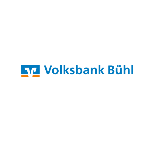 Links ist das Logo der Volksbank Bühl in den Farben blau, weiß und orange abgebildet. Es wird rechts durch die Schrift Volksbank Bühl ergänzt.