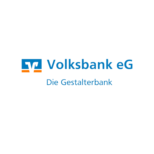 Das Logo der Volksbank eG wird links in den Farben blau, weiß und orange abgebildet. Ergänzt wird es durch die Schrift Volksbank eG die Gestalterbank in der Farbe blau rechts.