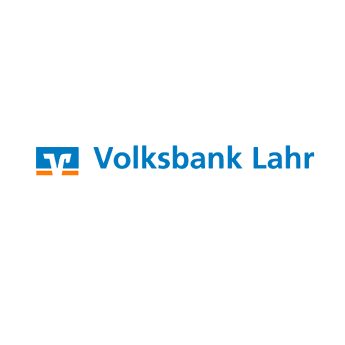 Das Logo der Volksbank Lahr in den Farben blau, weiß und orange wird links abgebildet Ergänzt wird es durch die Schrift Volksbank Lahr in der Farbe blau rechts.
